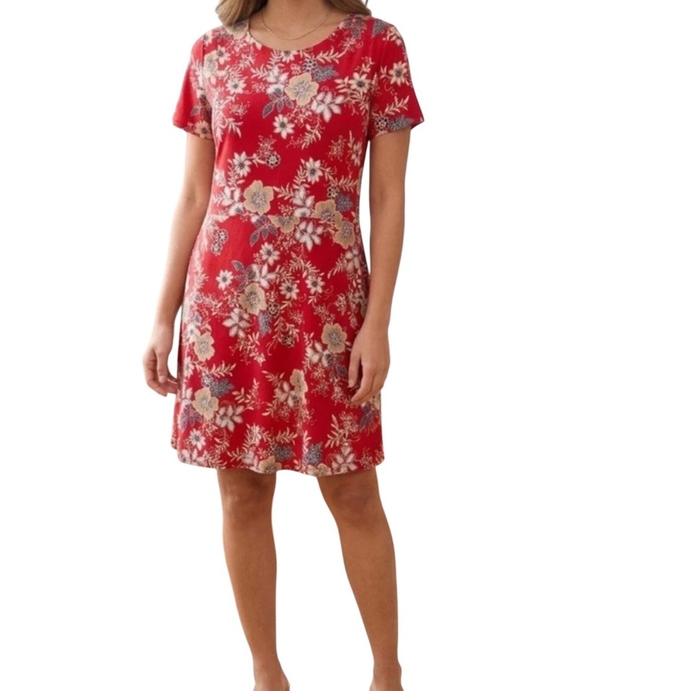 J. Jill Red Floral Short Sleeve Empire Waist Pocket T-Shirt Dress Petite Medium